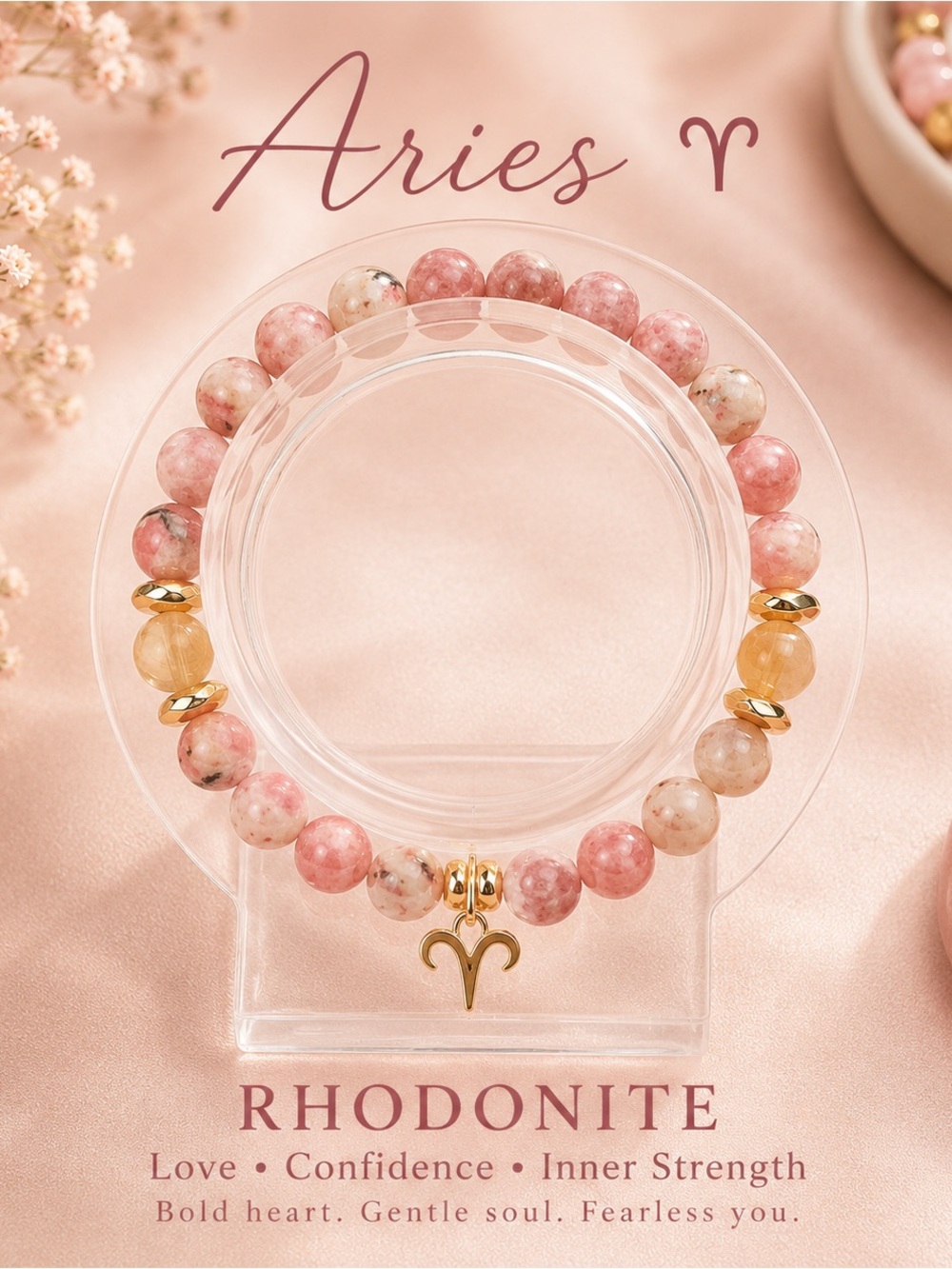 Aries Rhodonite Beaded Bracelet with Gold Charm - Pink